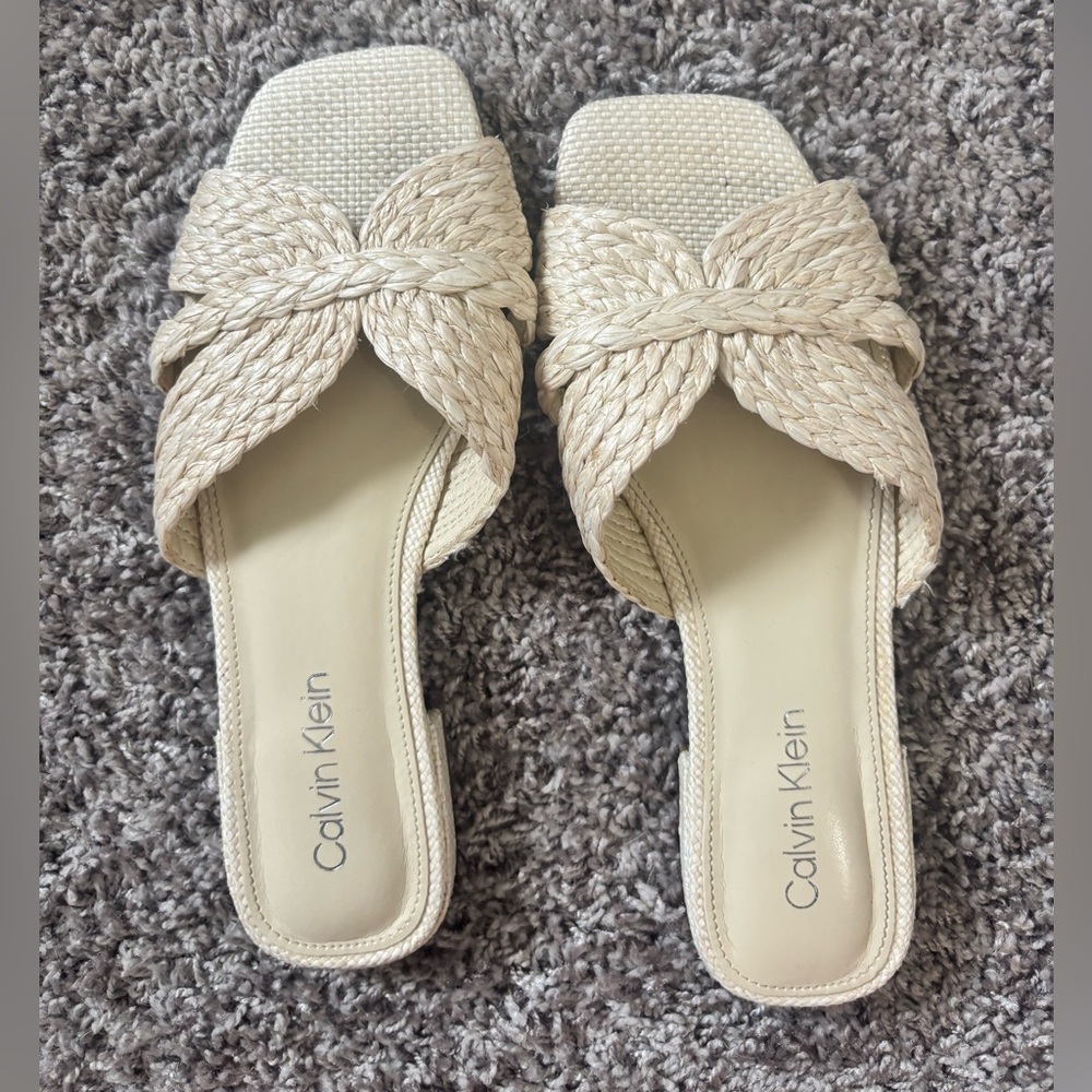 Calvin Klein Cream Woven Slide Sandals